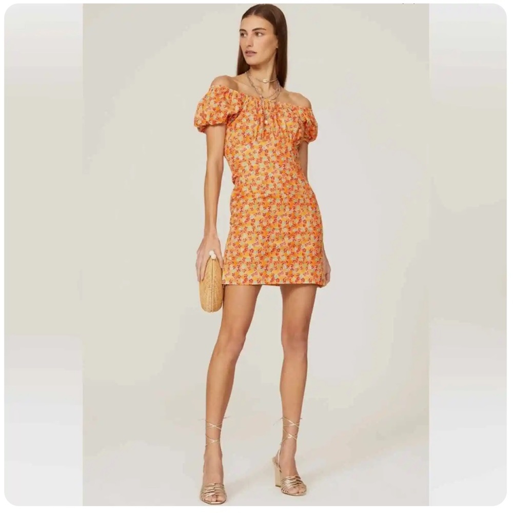 Carolina Constas Calla orange red green ditsy flower floral mini dress